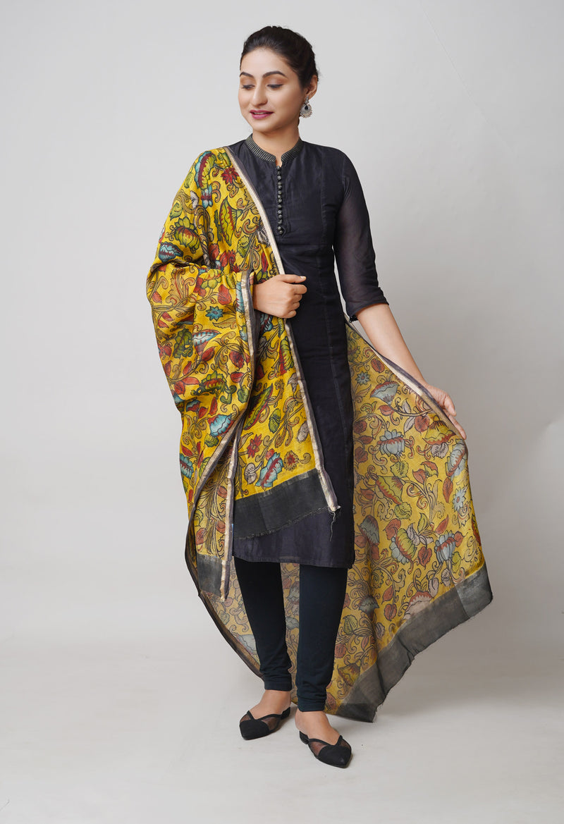 Yellow Pure Pen Kalamkari Hand Painted Chanderi Cotton Silk Dupatta –UDS5444