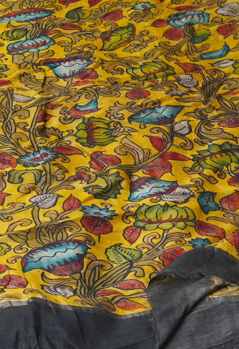 Yellow Pure Pen Kalamkari Hand Painted Chanderi Cotton Silk Dupatta –UDS5444