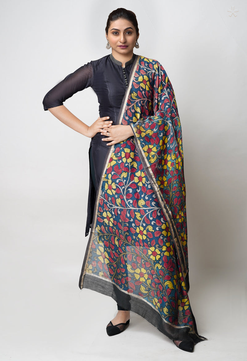 Peacock Blue Pure Pen Kalamkari Hand Painted Chanderi Cotton Silk Dupatta –UDS5445