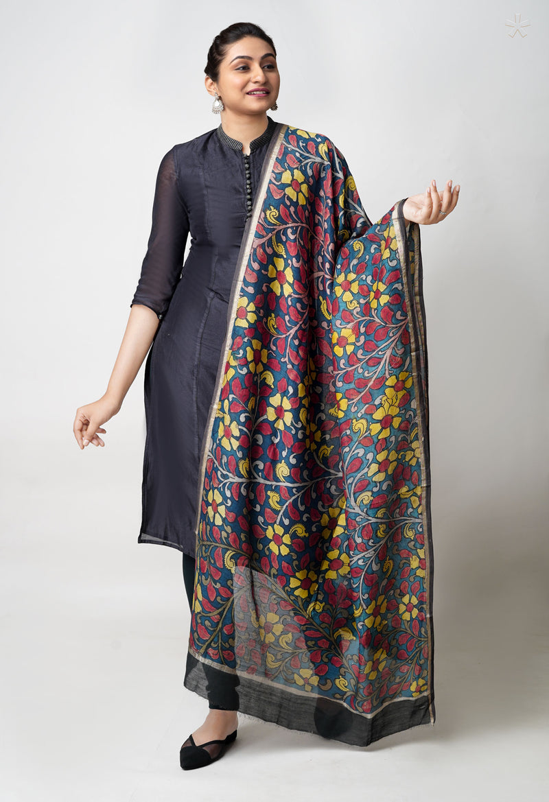 Peacock Blue Pure Pen Kalamkari Hand Painted Chanderi Cotton Silk Dupatta –UDS5445