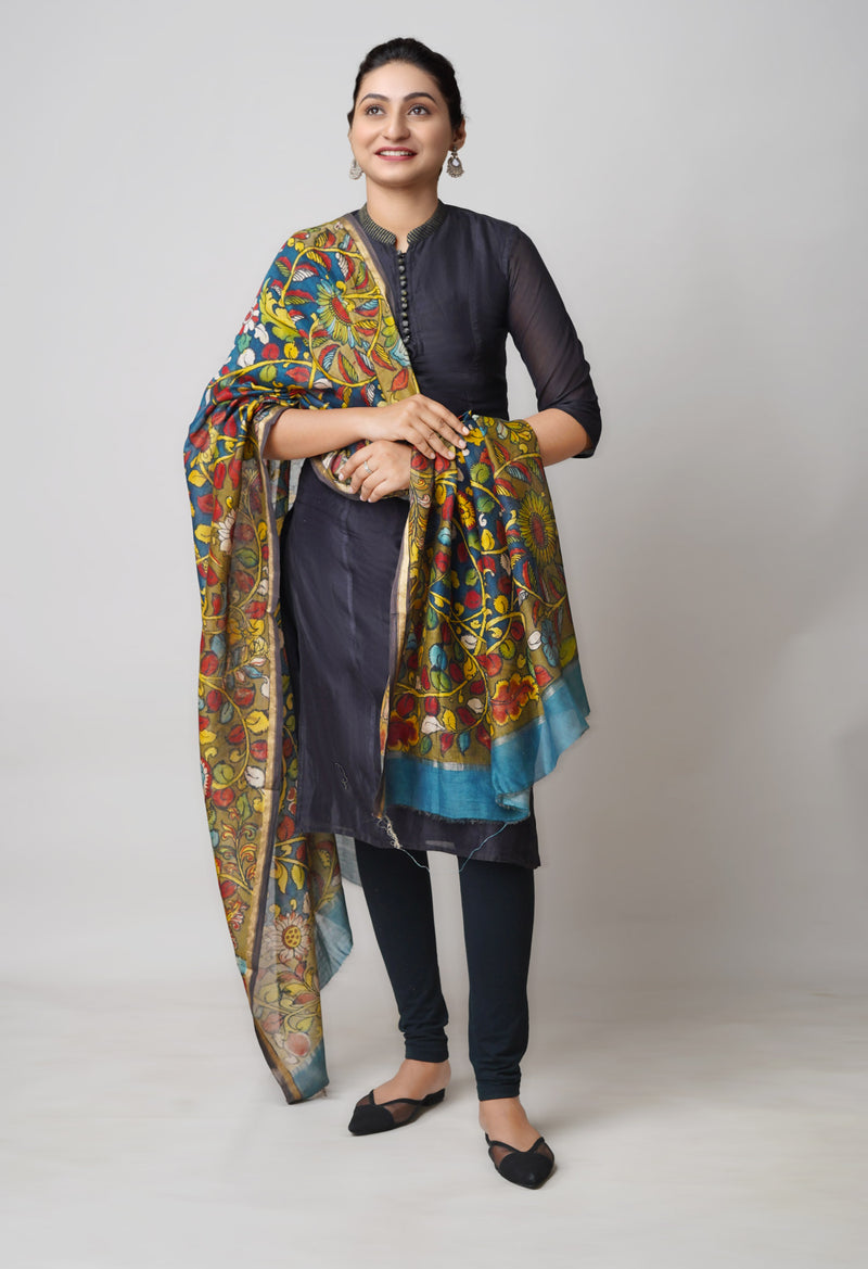 Peacock Blue-Olive Green Pure Pen Kalamkari Hand Painted Chanderi Cotton Silk Dupatta –UDS5446