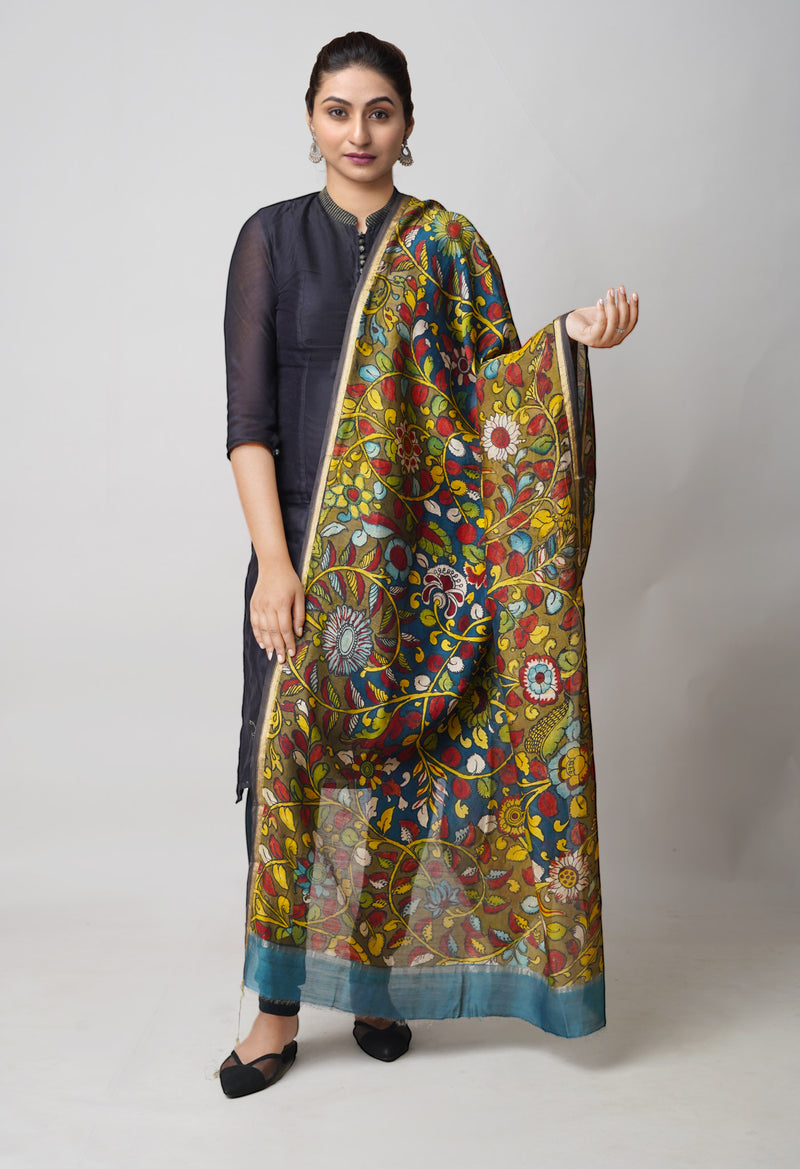 Peacock Blue-Olive Green Pure Pen Kalamkari Hand Painted Chanderi Cotton Silk Dupatta –UDS5446