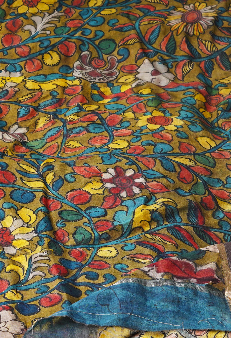 Peacock Blue-Olive Green Pure Pen Kalamkari Hand Painted Chanderi Cotton Silk Dupatta –UDS5446