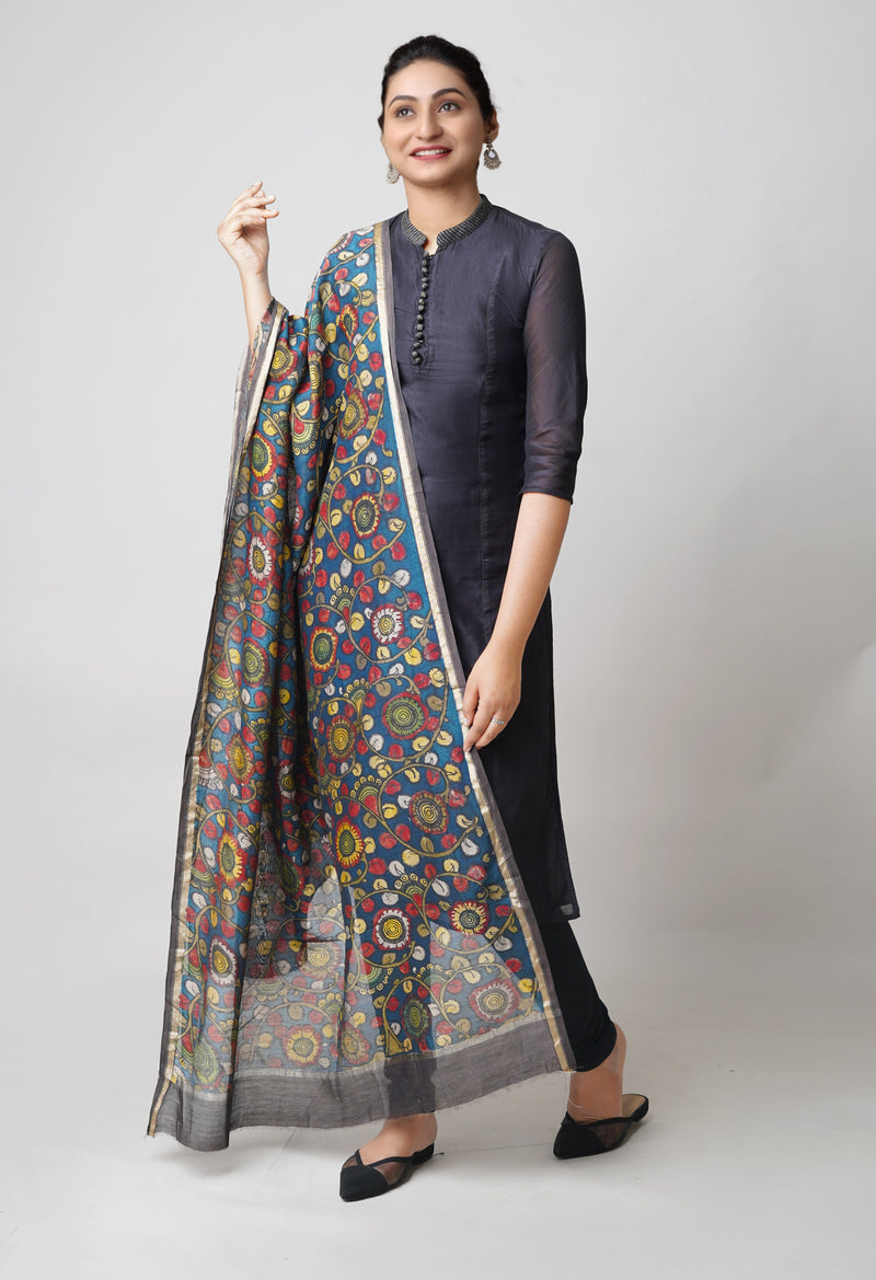 Peacock Blue Pure Pen Kalamkari Hand Painted Chanderi Cotton Silk Dupatta –UDS5469