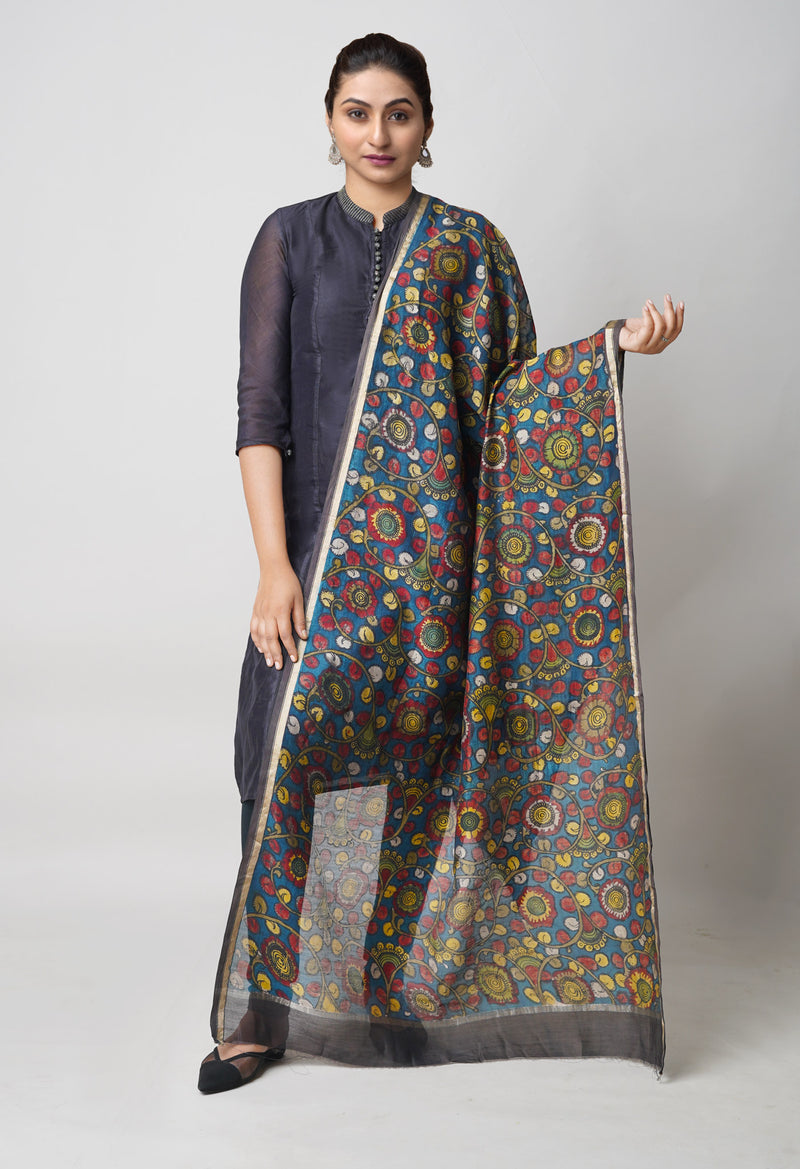 Peacock Blue Pure Pen Kalamkari Hand Painted Chanderi Cotton Silk Dupatta –UDS5469