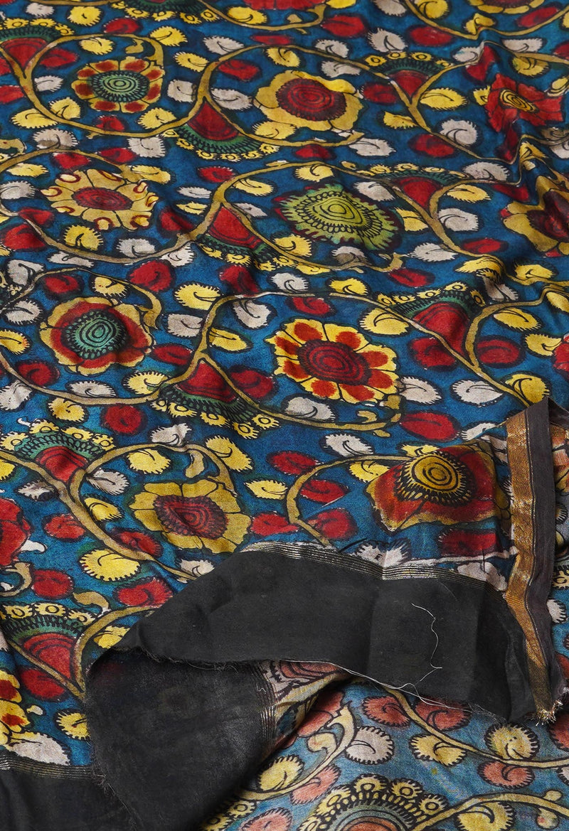 Peacock Blue Pure Pen Kalamkari Hand Painted Chanderi Cotton Silk Dupatta –UDS5469