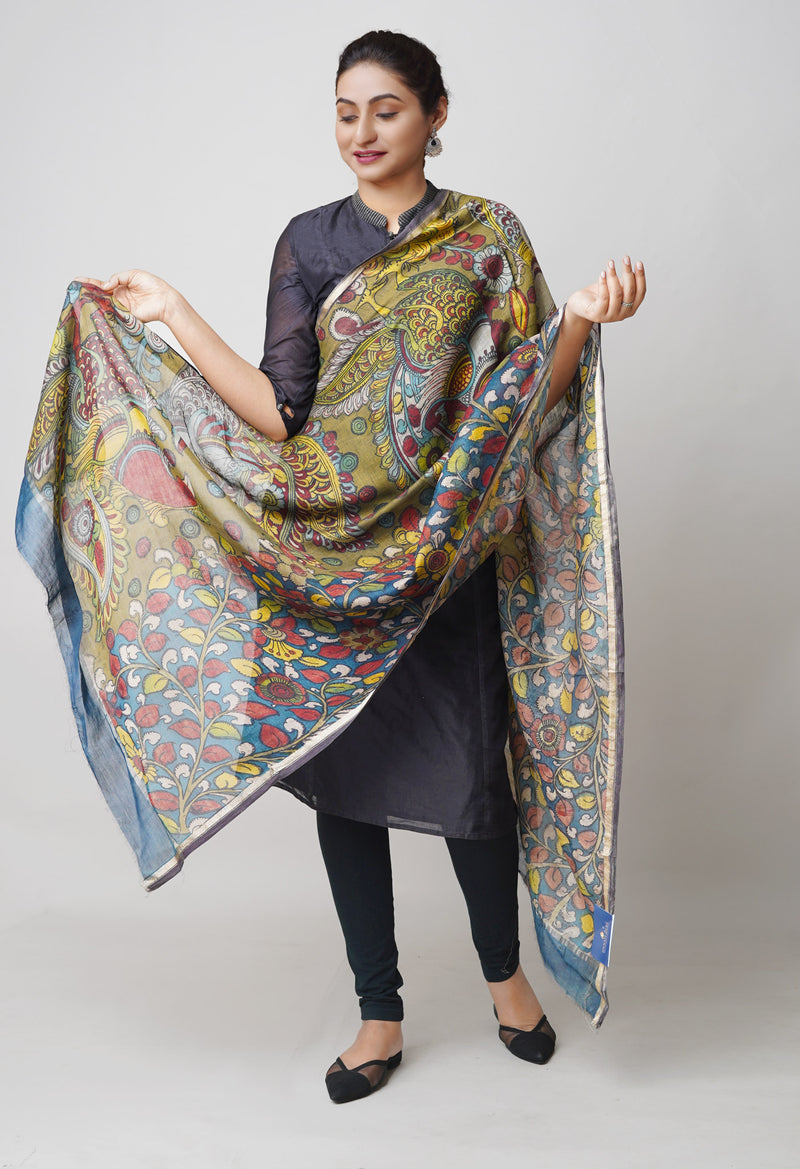 Blue-Olive Green Pure Pen Kalamkari Hand Painted Chanderi Cotton Silk Dupatta–UDS5471