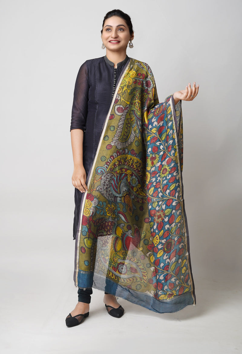 Blue-Olive Green Pure Pen Kalamkari Hand Painted Chanderi Cotton Silk Dupatta–UDS5471