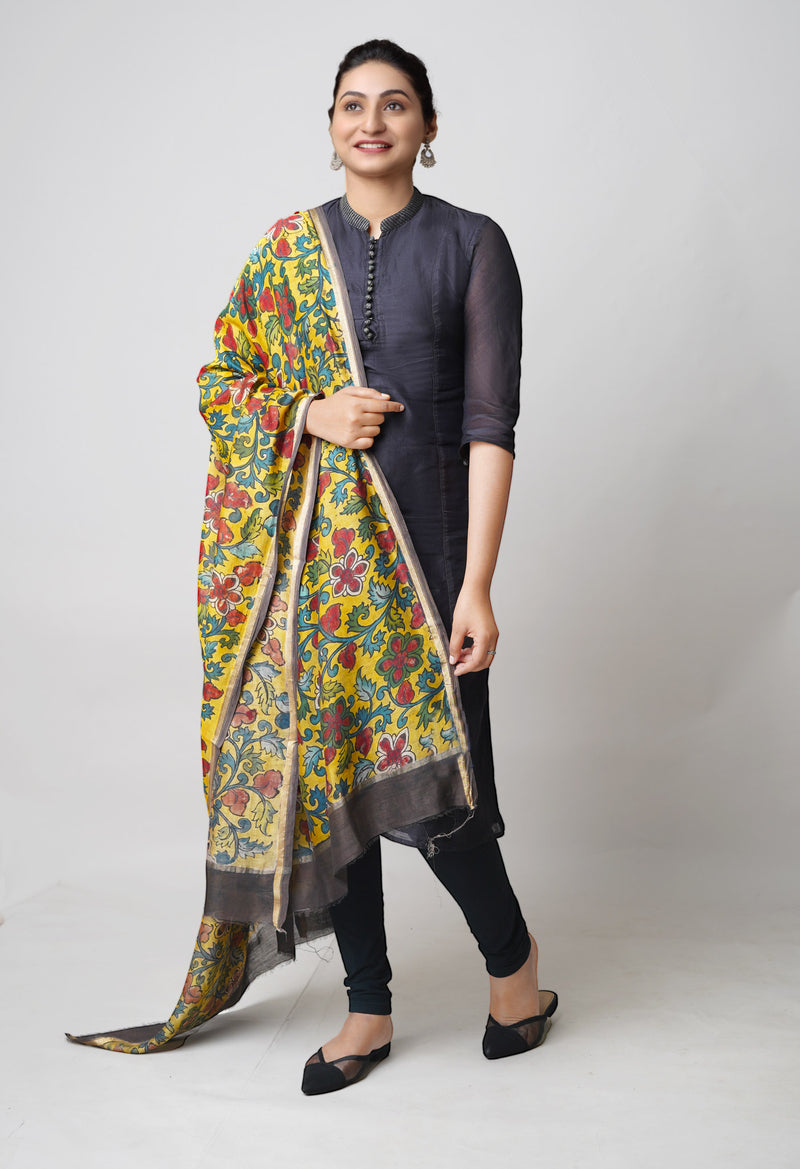 Yellow Pure Pen Kalamkari Hand Painted Chanderi Cotton Silk Dupatta –UDS5474