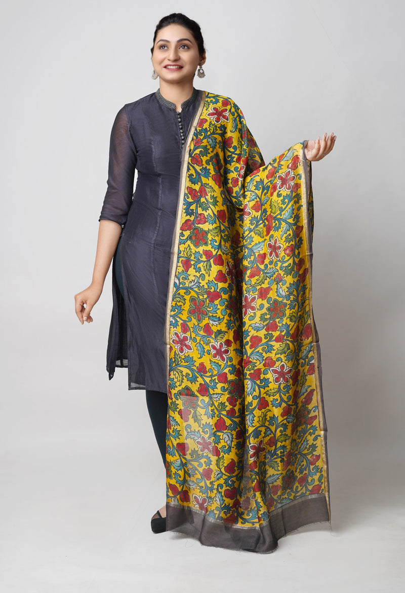 Yellow Pure Pen Kalamkari Hand Painted Chanderi Cotton Silk Dupatta –UDS5474