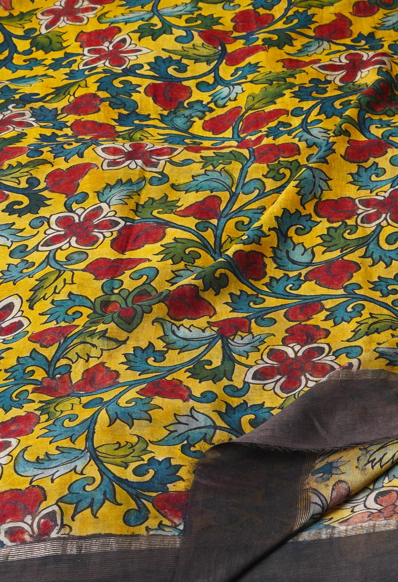 Yellow Pure Pen Kalamkari Hand Painted Chanderi Cotton Silk Dupatta –UDS5474