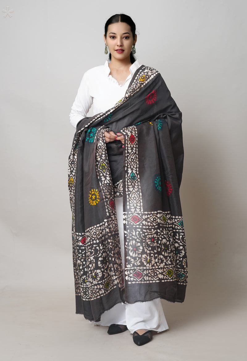 Black Pure Hand Block Wax Batik Printed Soft Silk Dupatta–UDS5508