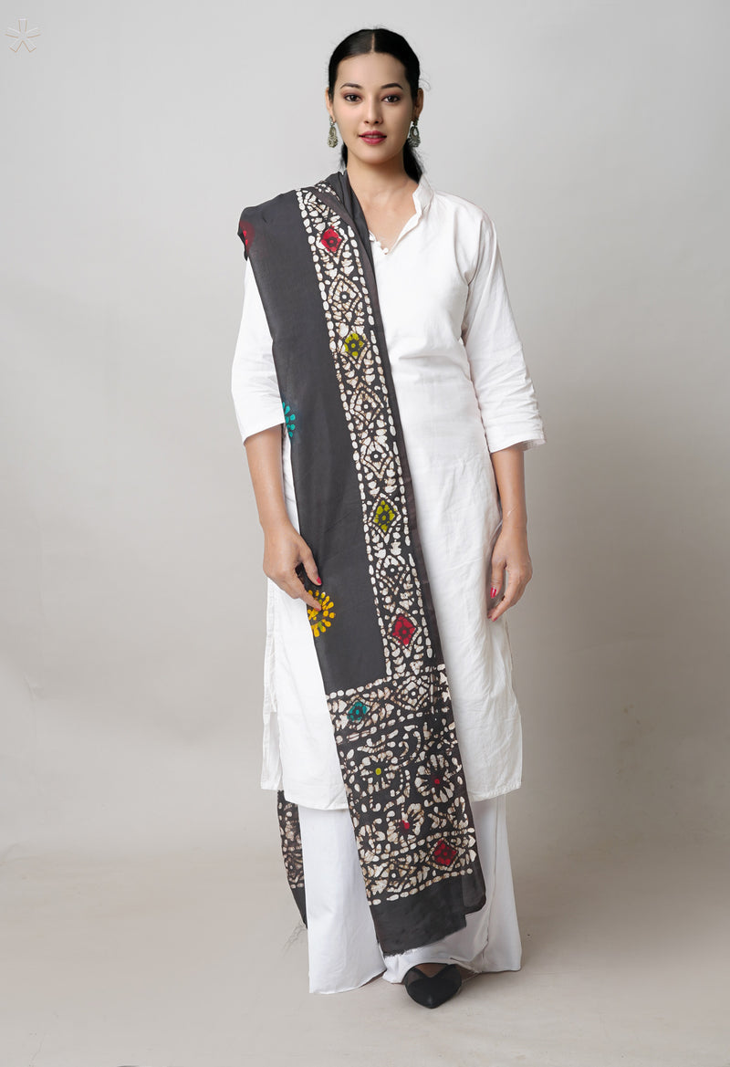 Black Pure Hand Block Wax Batik Printed Soft Silk Dupatta–UDS5508