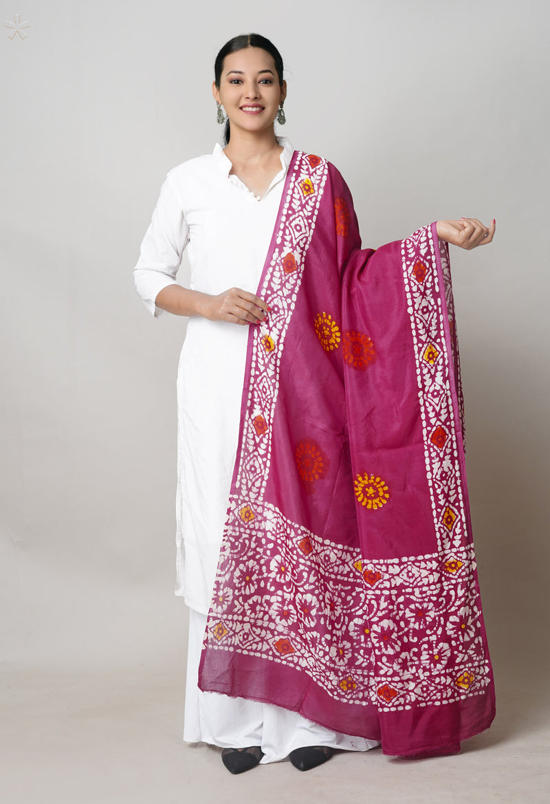 Burgundy Pure Hand Block Wax Batik Printed Soft Silk Dupatta–UDS5509