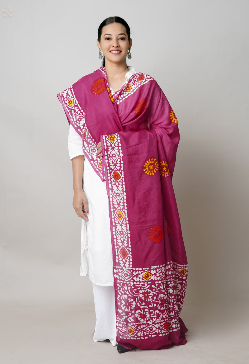 Burgundy Pure Hand Block Wax Batik Printed Soft Silk Dupatta–UDS5509