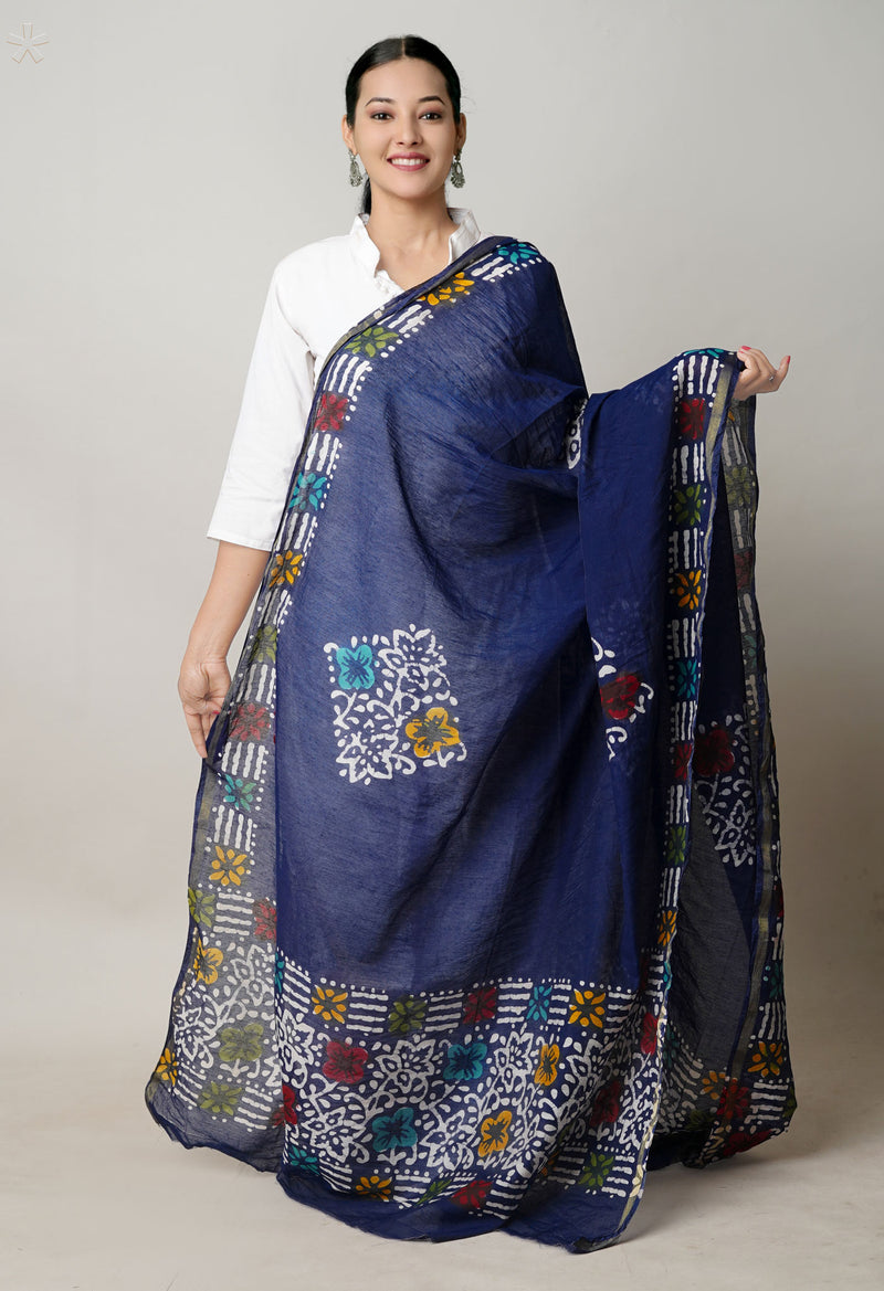 Blue Pure Chanderi Hand Block Wax Printed Sico Dupatta–UDS5510