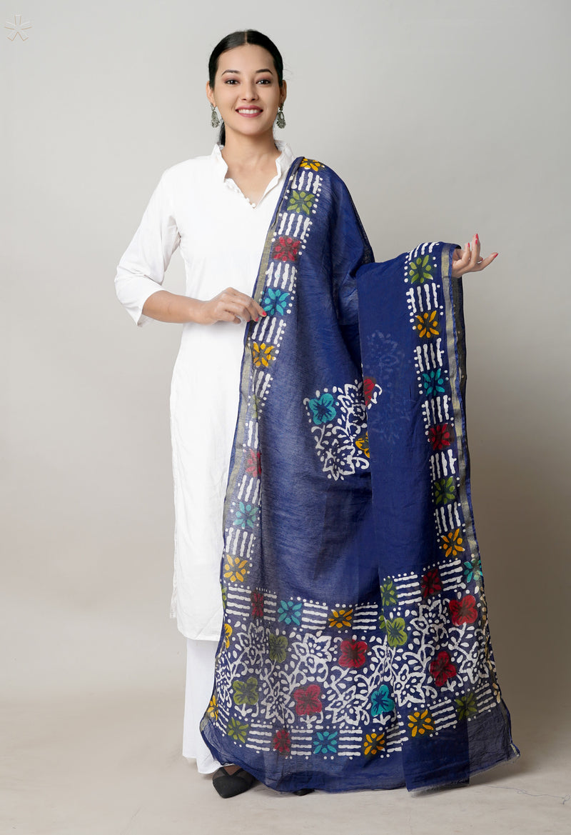 Blue Pure Chanderi Hand Block Wax Printed Sico Dupatta–UDS5510