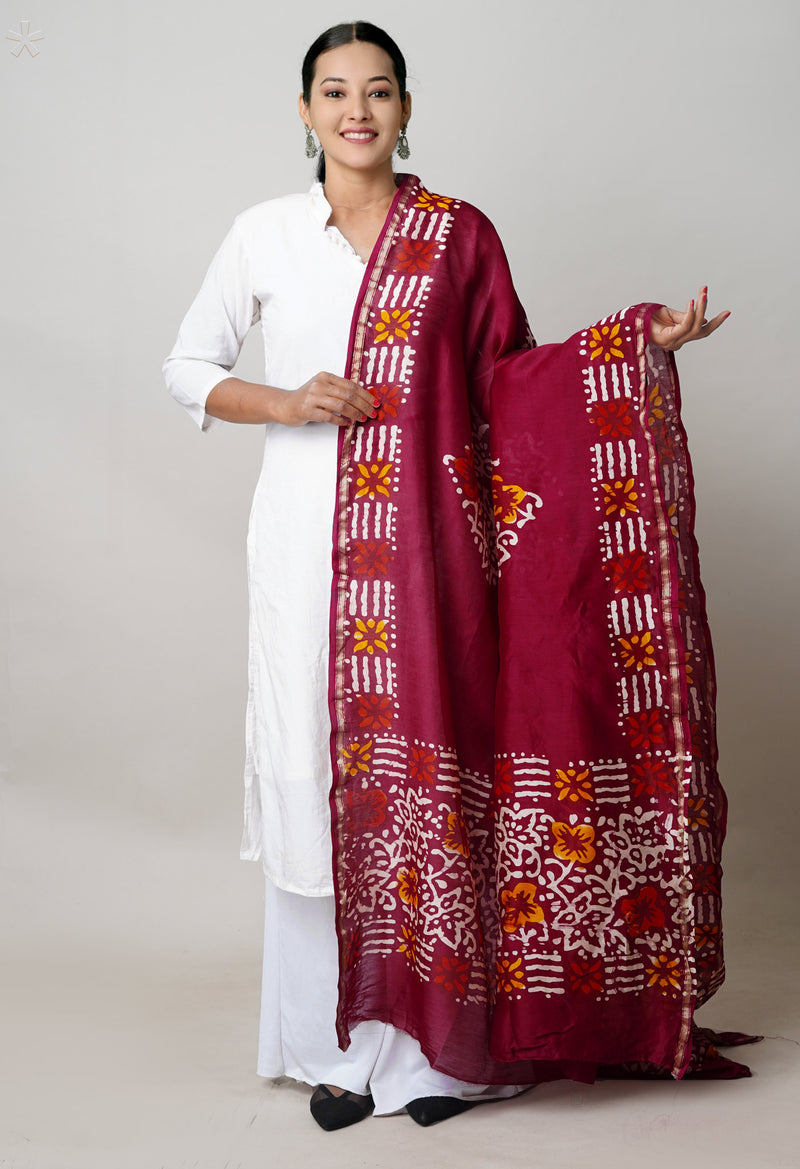 Maroon Pure Chanderi Hand Block Wax Printed Sico Dupatta–UDS5511