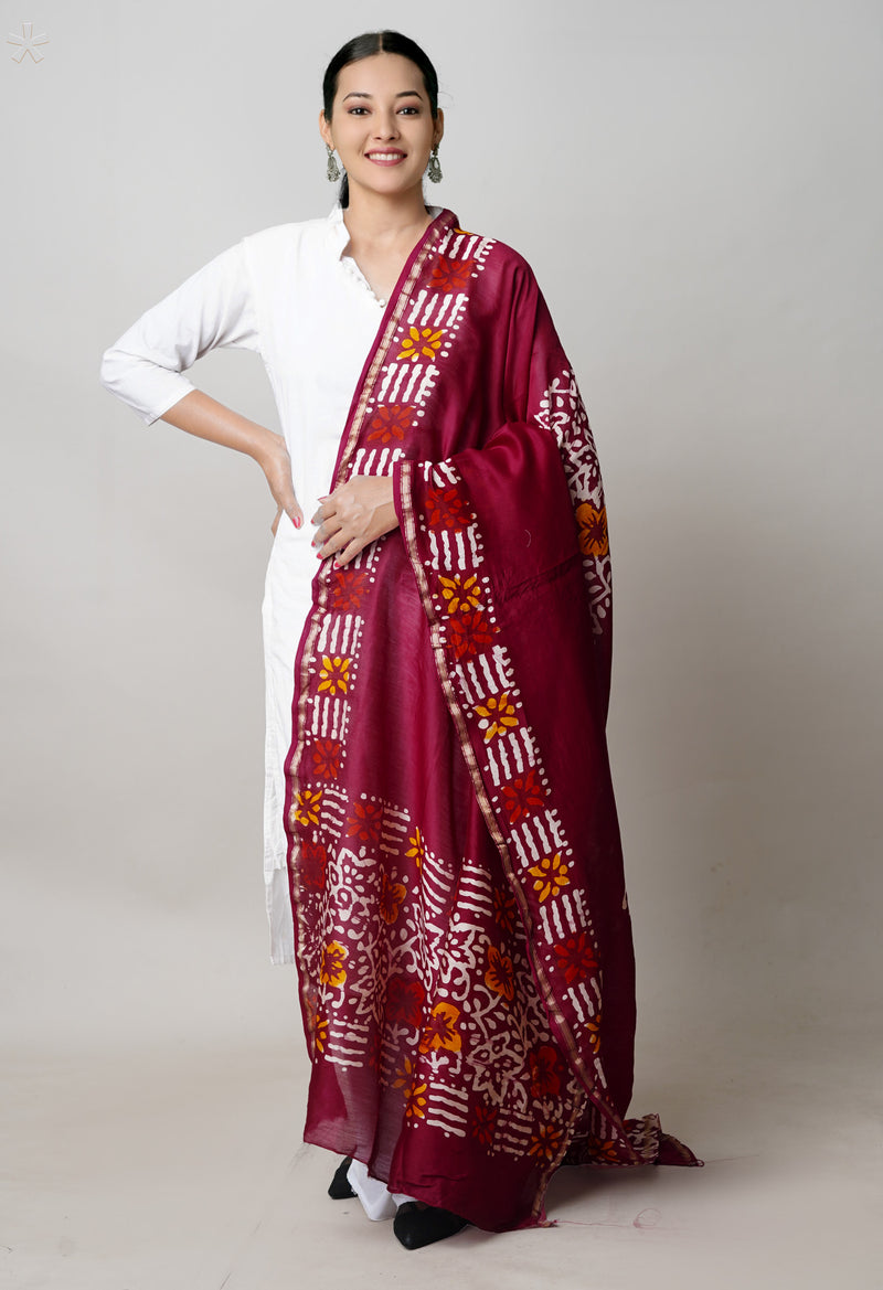 Maroon Pure Chanderi Hand Block Wax Printed Sico Dupatta–UDS5511