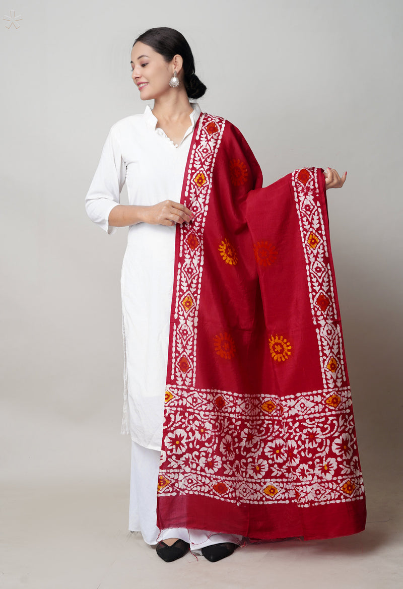 Red Pure Chanderi Hand Block Wax Printed Sico Dupatta–UDS5512