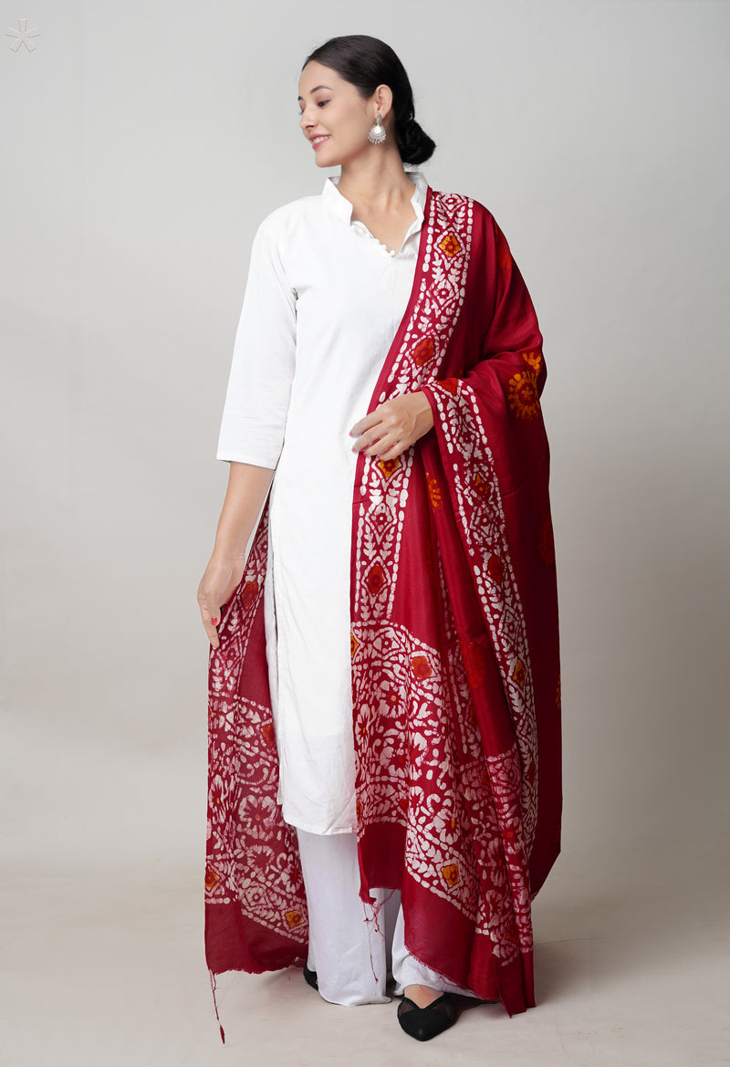Red Pure Chanderi Hand Block Wax Printed Sico Dupatta–UDS5512
