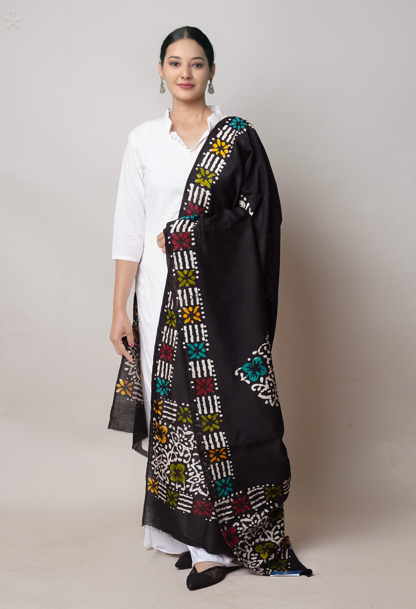 Black Pure Chanderi Hand Block Wax Printed Sico Dupatta–UDS5517