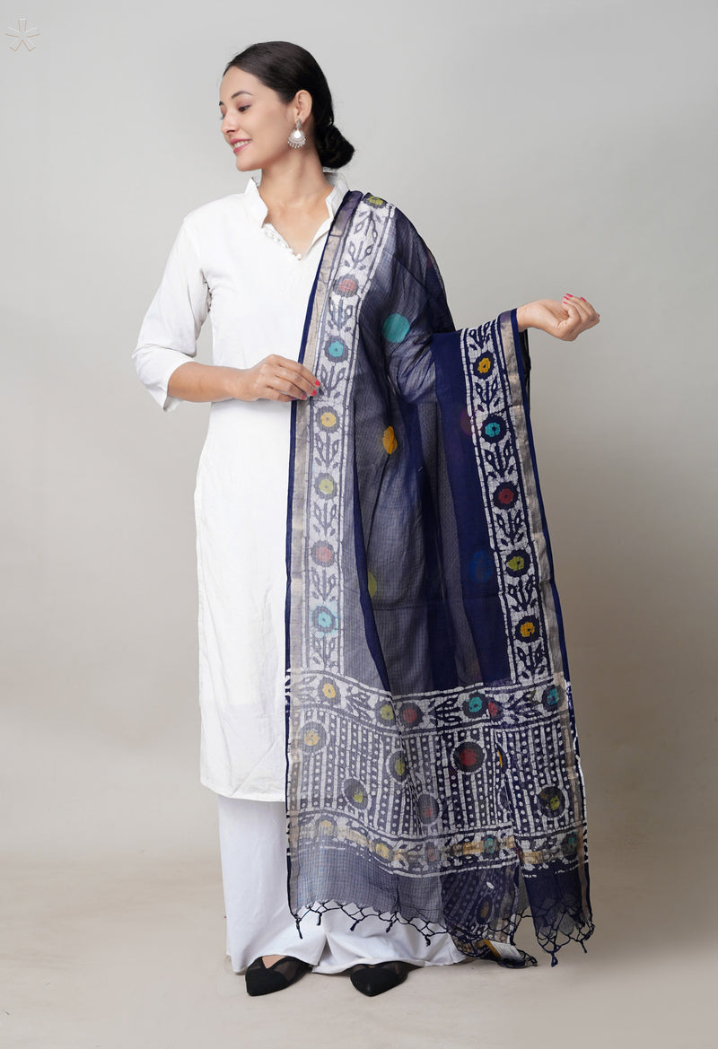 Blue Pure Kota Hand Block Wax Batik Printed Zari Piping Kota Cotton  Dupatta–UDS5519