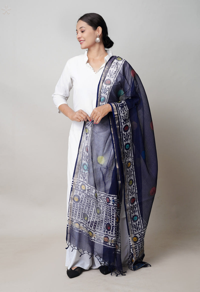 Blue Pure Kota Hand Block Wax Batik Printed Zari Piping Kota Cotton  Dupatta–UDS5519