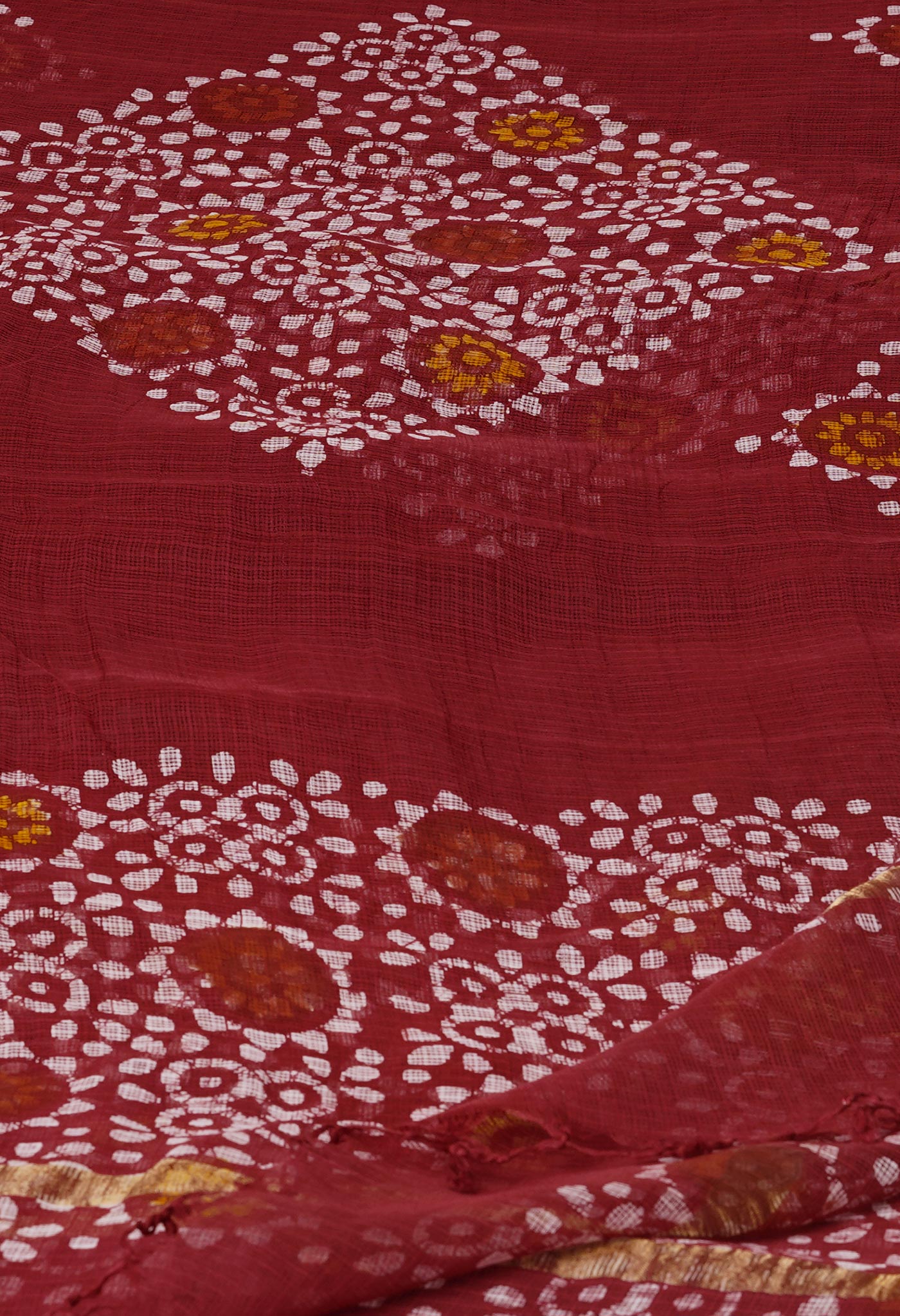 Red Pure Kota Hand Block Wax Batik Printed Zari Piping Kota Cotton  Dupatta–UDS5520