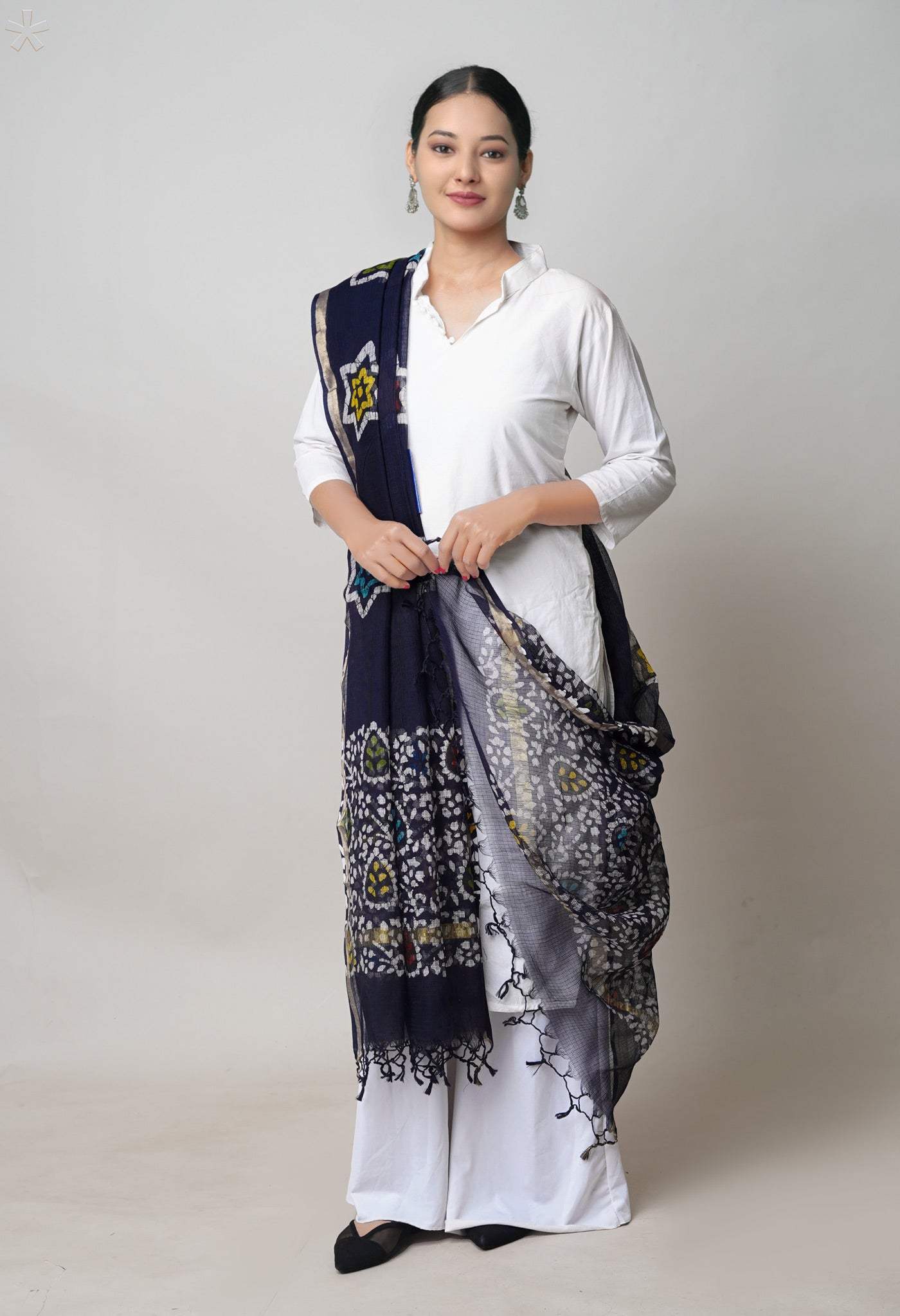 Black Pure Kota Hand Block Wax Batik Printed Zari Piping Kota Cotton  Dupatta–UDS5521