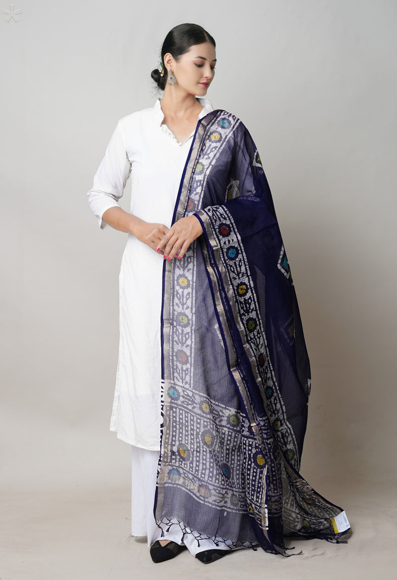 Blue Pure Kota Hand Block Wax Batik Printed Zari Piping Kota Cotton  Dupatta–UDS5522