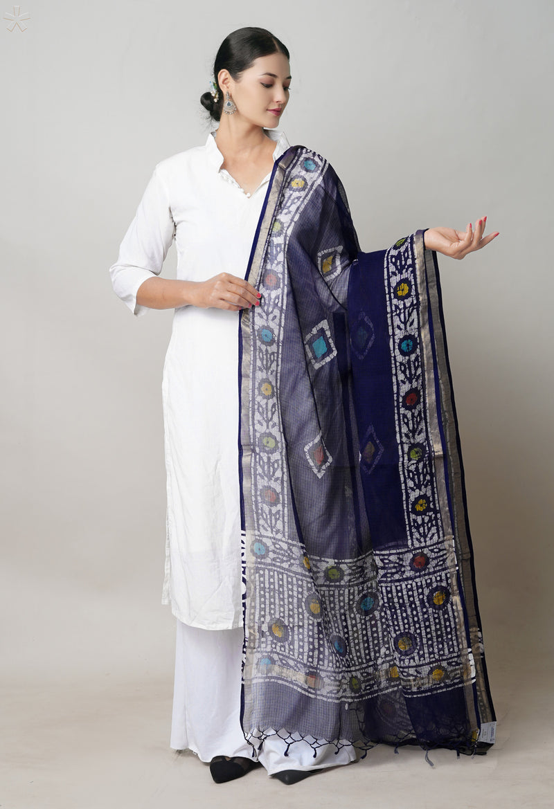 Blue Pure Kota Hand Block Wax Batik Printed Zari Piping Kota Cotton  Dupatta–UDS5522
