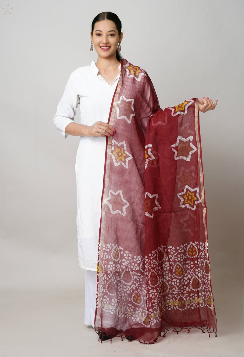 Red Pure Kota Hand Block Wax Batik Printed Zari Piping Kota Cotton  Dupatta–UDS5524