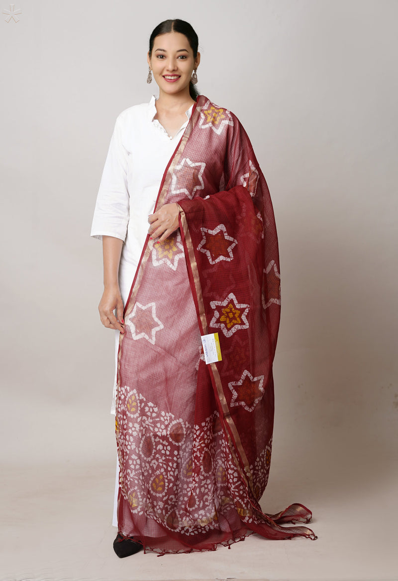 Red Pure Kota Hand Block Wax Batik Printed Zari Piping Kota Cotton  Dupatta–UDS5524
