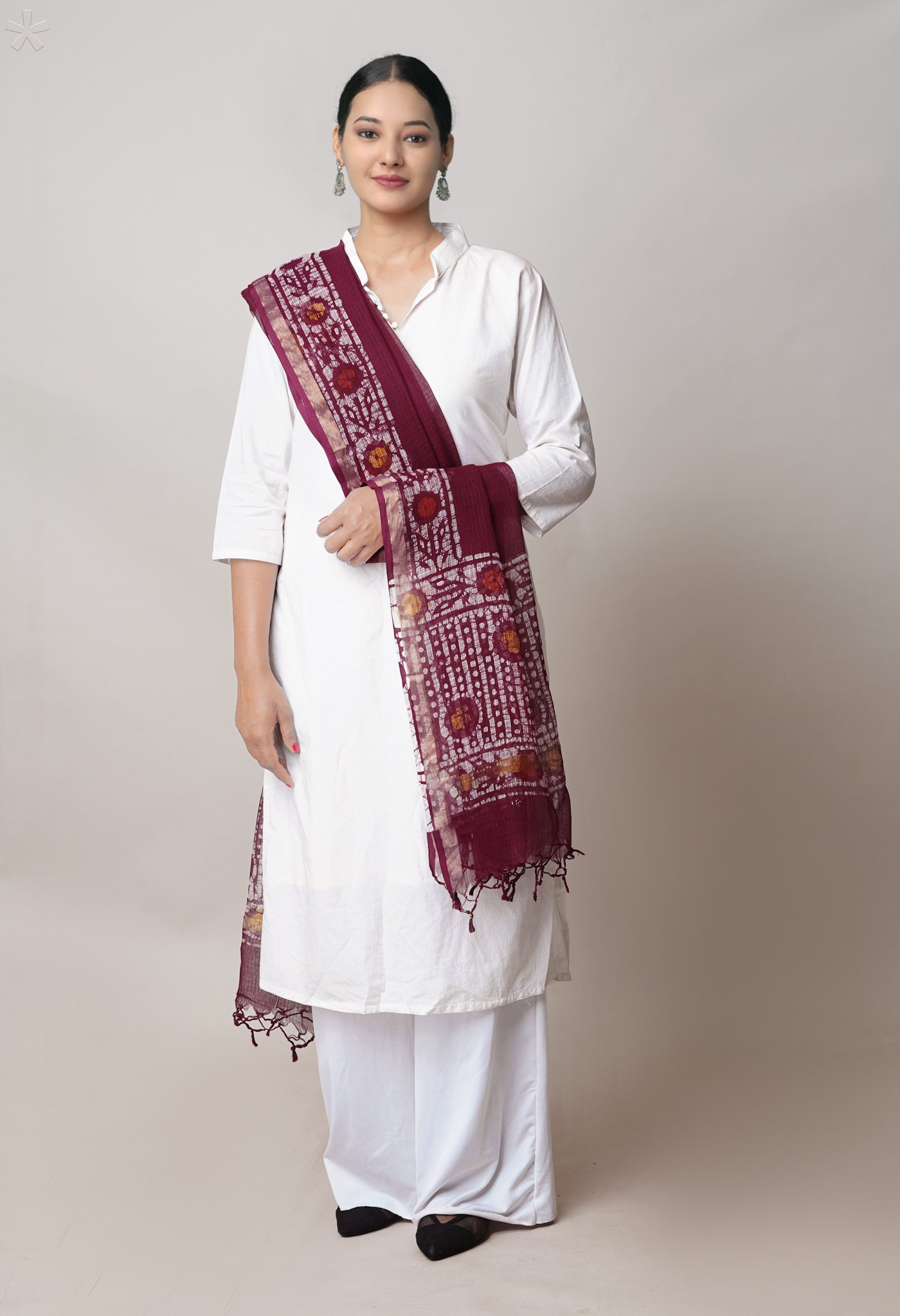 Maroon Pure Kota Hand Block Wax Batik Printed Zari Piping Kota Cotton  Dupatta–UDS5526