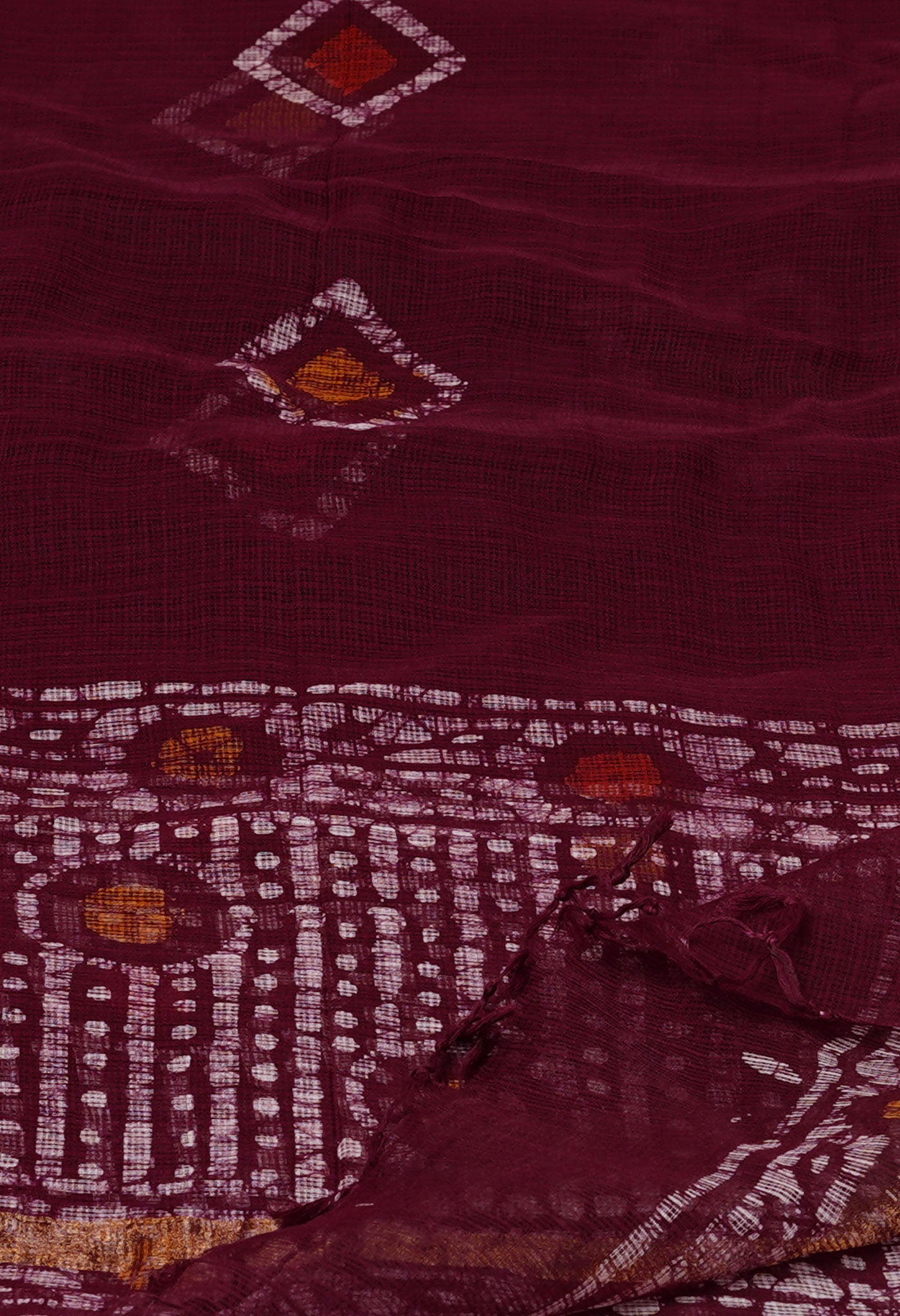 Maroon Pure Kota Hand Block Wax Batik Printed Zari Piping Kota Cotton  Dupatta–UDS5526