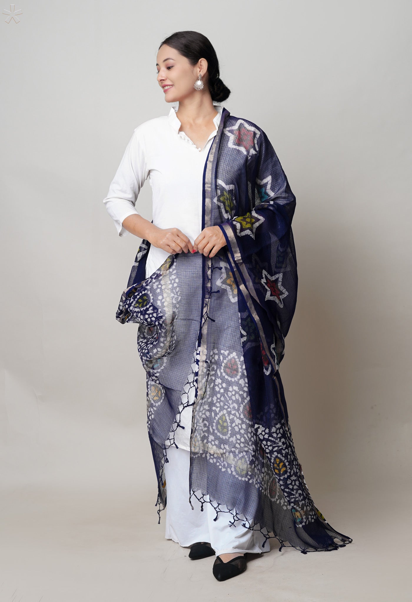 Blue Pure Kota Hand Block Wax Batik Printed Zari Piping Kota Cotton  Dupatta–UDS5527