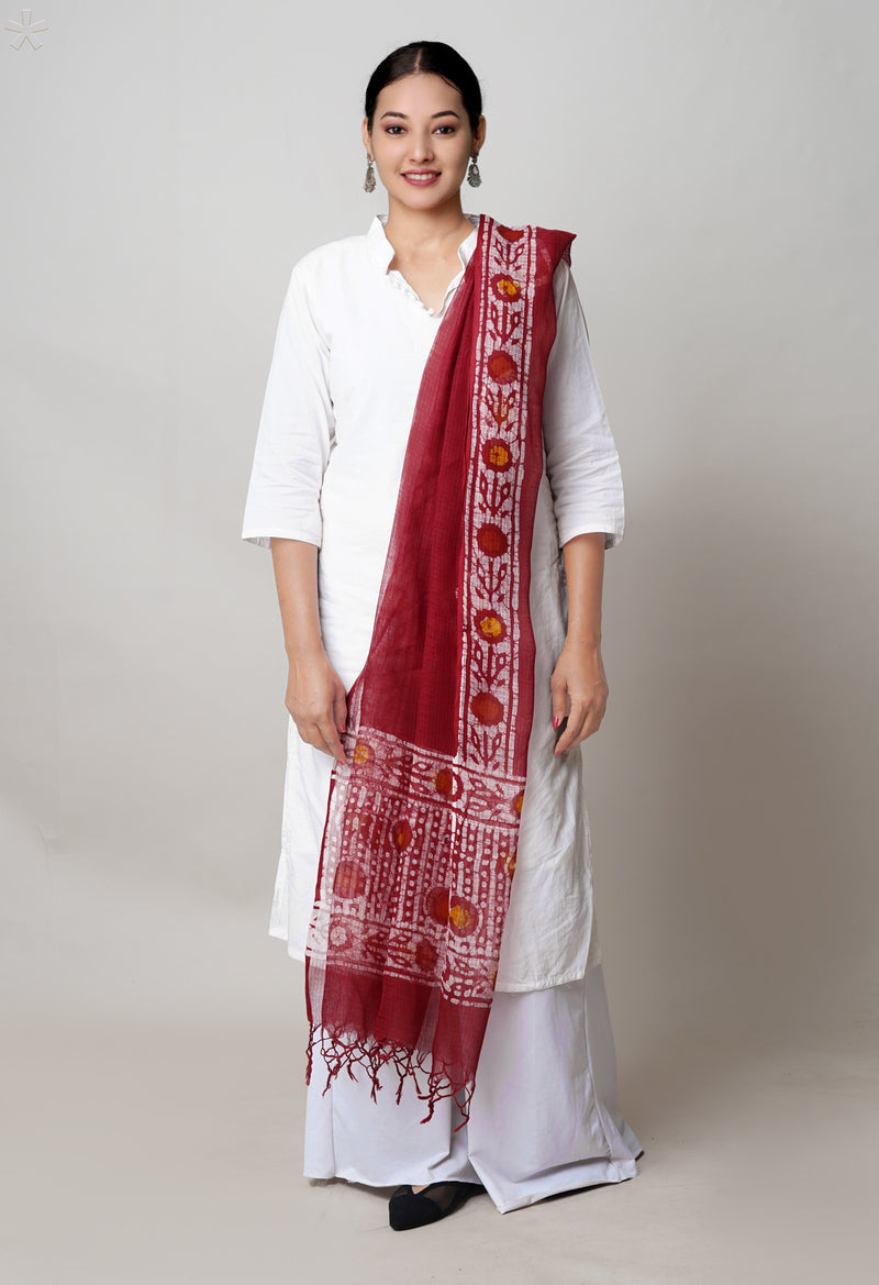 Red Pure Rajasthani Kota Hand Block Wax Batik Printed Kota Cotton Dupatta–UDS5529