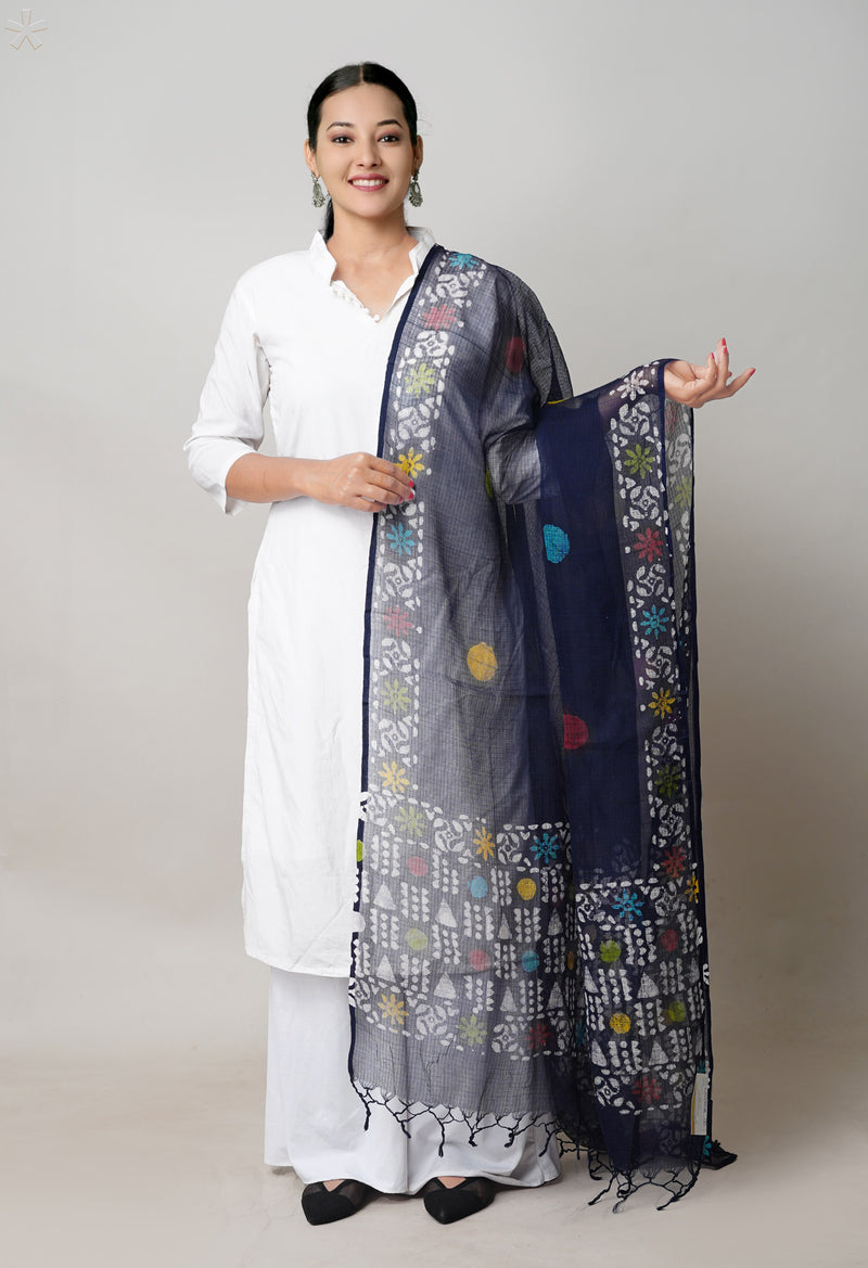 Blue Pure Rajasthani Kota Hand Block Wax Batik Printed Kota Cotton Dupatta–UDS5538