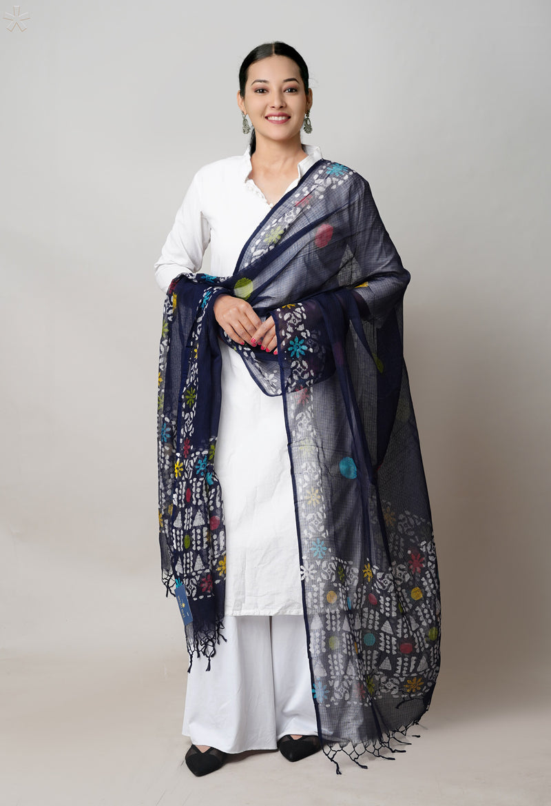 Blue Pure Rajasthani Kota Hand Block Wax Batik Printed Kota Cotton Dupatta–UDS5538