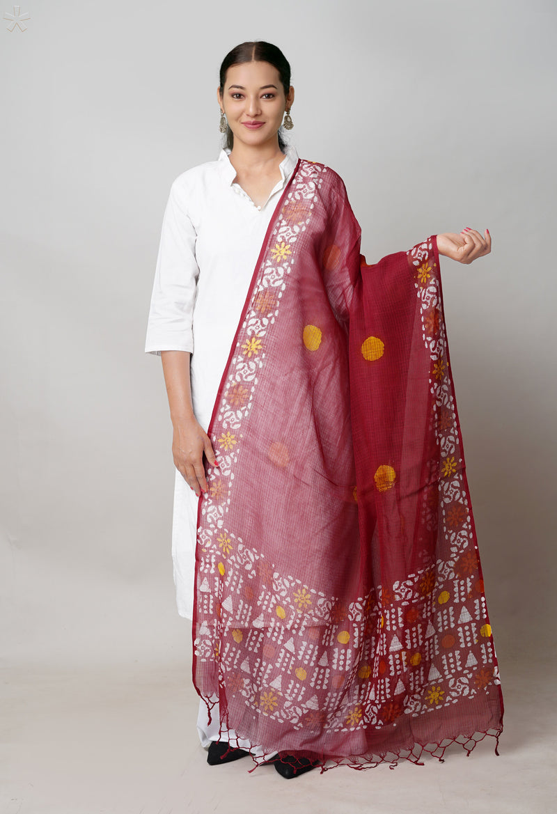 Red Pure Rajasthani Kota Hand Block Wax Batik Printed Kota Cotton Dupatta–UDS5539