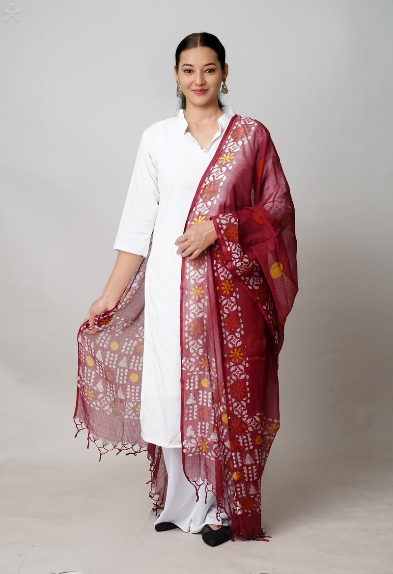 Red Pure Rajasthani Kota Hand Block Wax Batik Printed Kota Cotton Dupatta–UDS5539