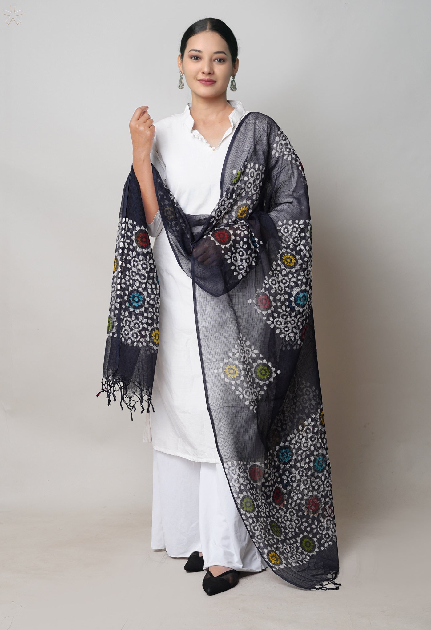 Black Pure Rajasthani Kota Hand Block Wax Batik Printed Kota Cotton Dupatta–UDS5540