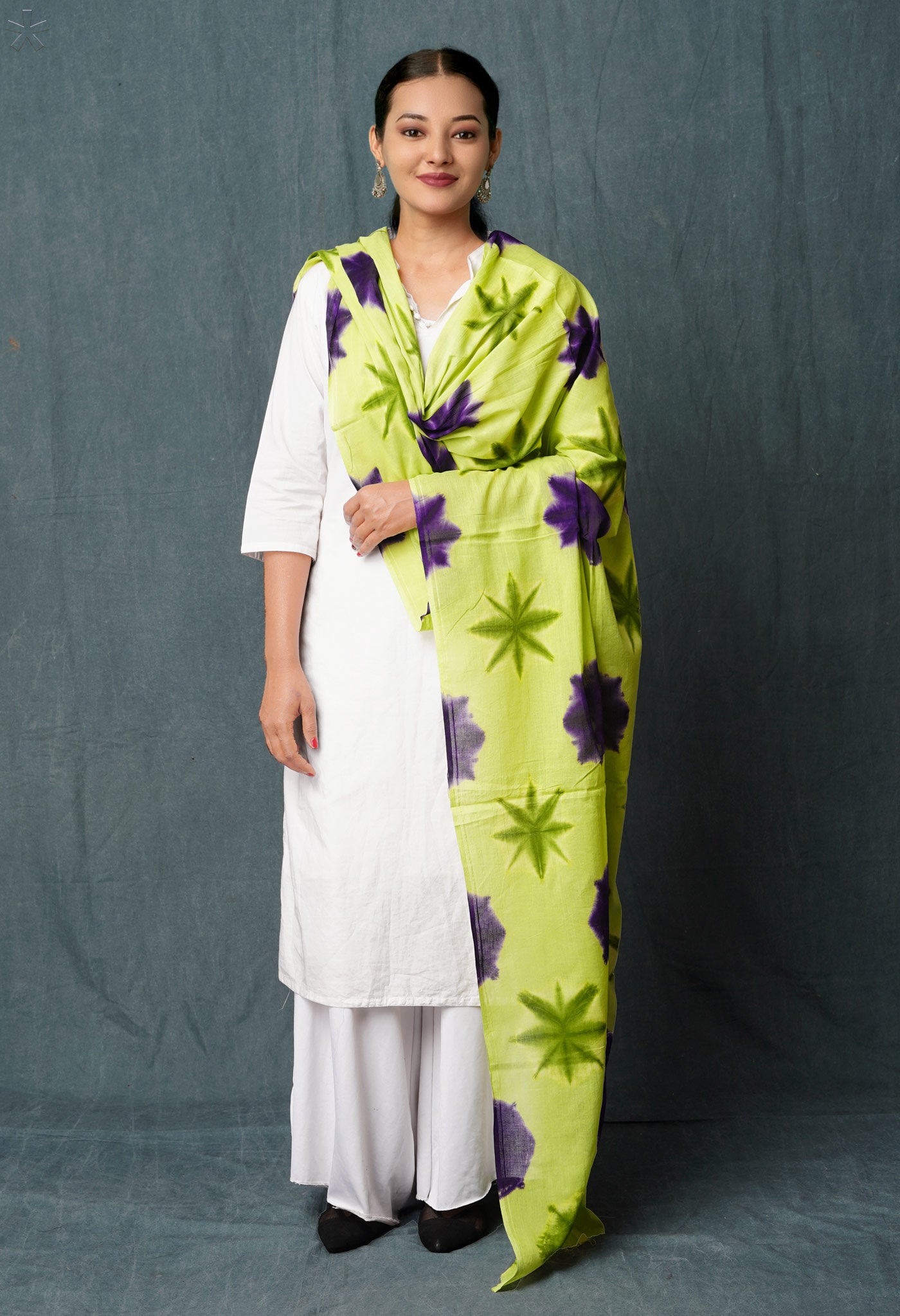 Green Pure Tie- Dye Shibori Printed Superfine Mulmul Cotton Dupatta-UDS5546