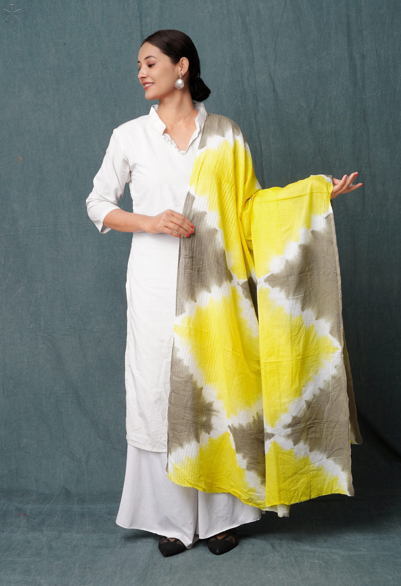 Yellow-Grey Pure Tie- Dye Shibori Printed Mulmul Cotton Dupatta-UDS5551