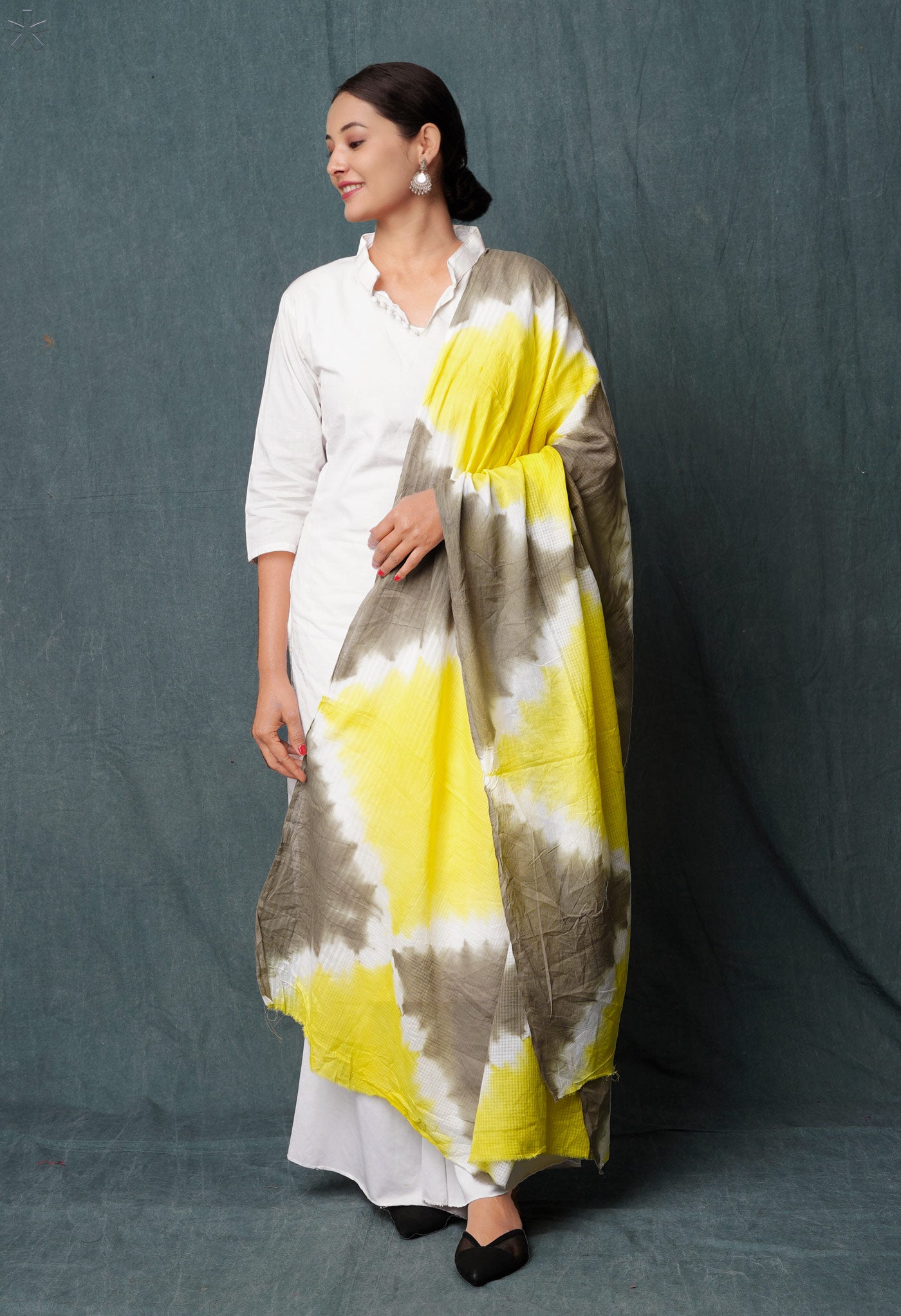 Yellow-Grey Pure Tie- Dye Shibori Printed Mulmul Cotton Dupatta-UDS5551