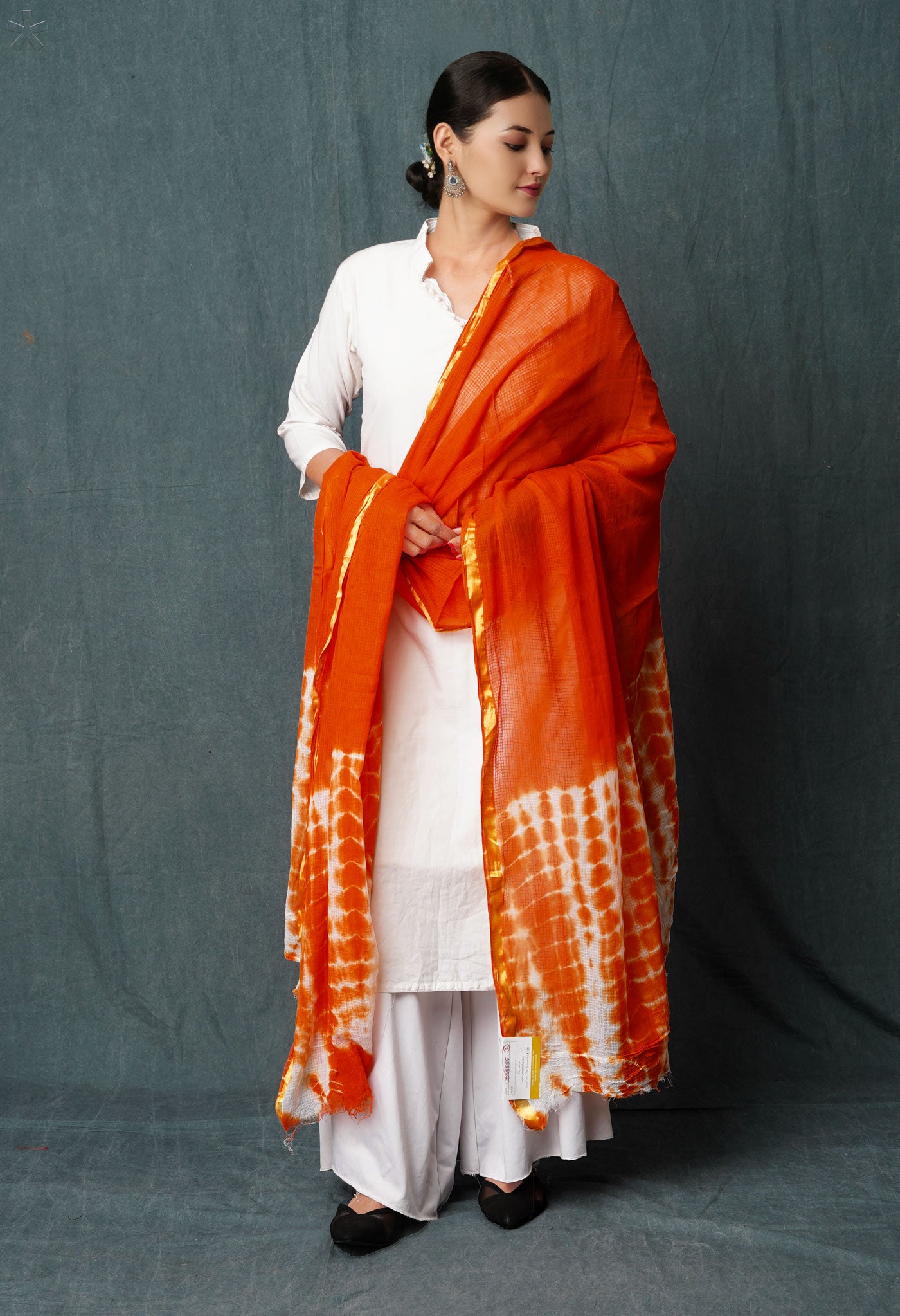 Orange-White Pure Tie- Dye Shibori Printed Kota Cotton Dupatta-UDS5555