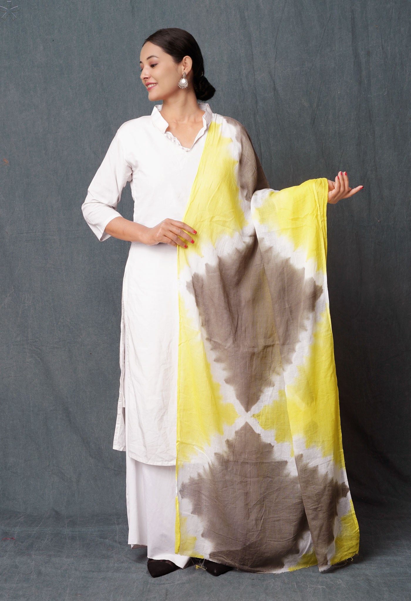 Yellow-Grey Pure Tie- Dye Shibori Printed Kota Cotton Dupatta-UDS5566