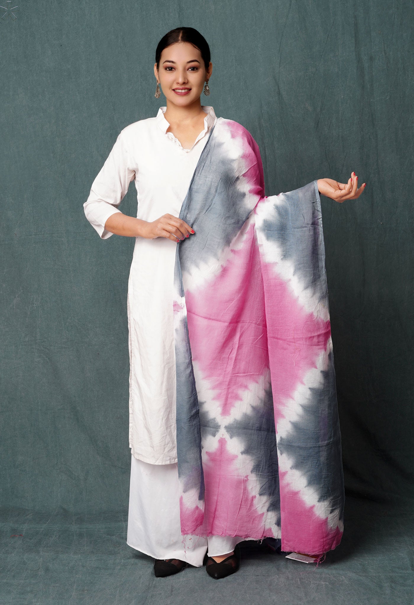 Baby Pink-Bluish Grey Pure Tie- Dye Shibori Printed Kota Cotton Dupatta-UDS5569