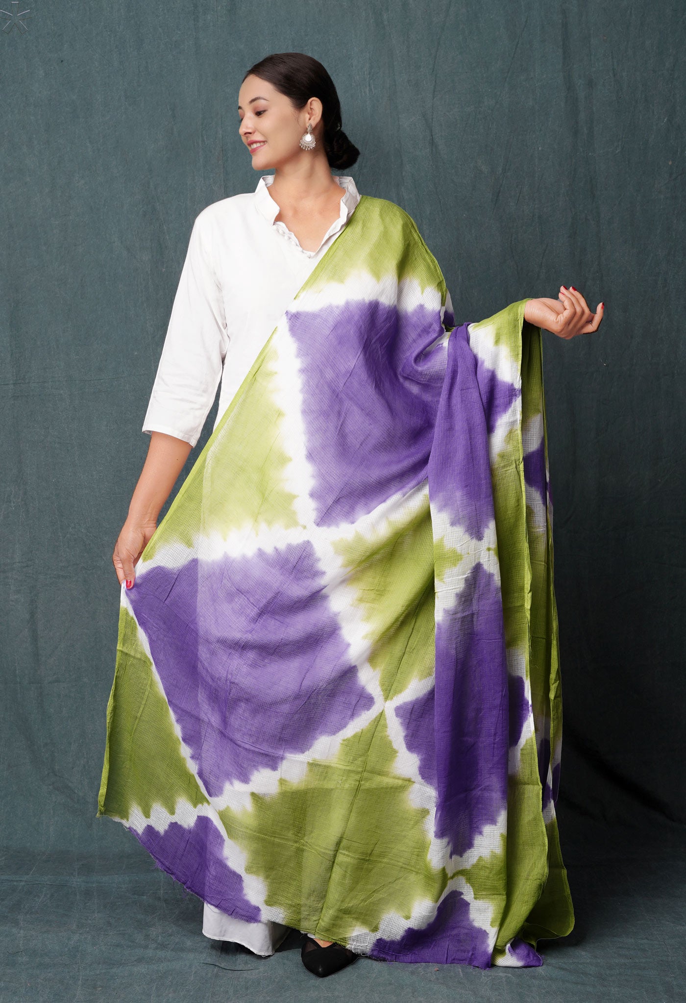 Lavender Purple-Olive Green Pure Tie- Dye Shibori Printed Kota Cotton Dupatta-UDS5570
